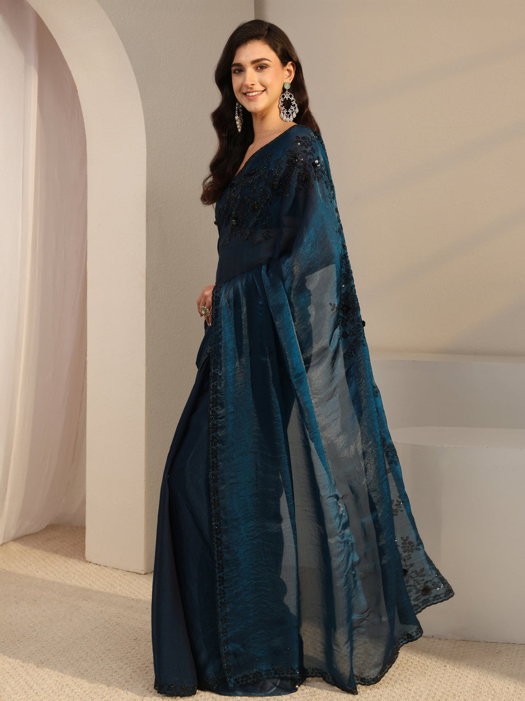  Libas Blue Embellished Tissue Saree With Unstitched Blouse Piece 