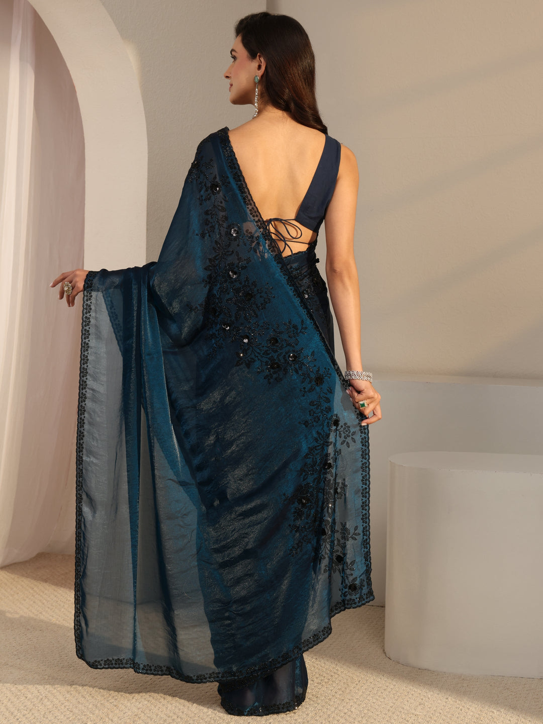  Libas Blue Embellished Tissue Saree With Unstitched Blouse Piece 