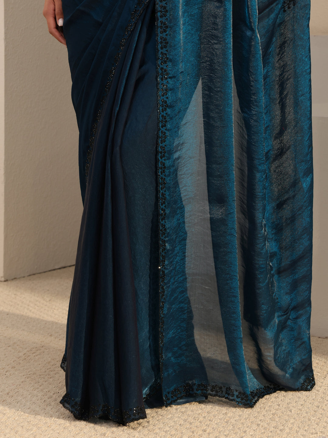  Blue Embellished Tissue Saree With Unstitched Blouse Piece 