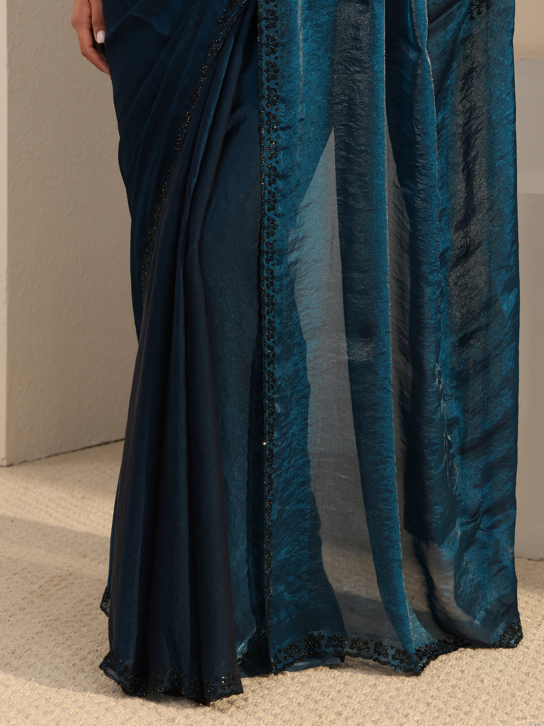  Libas Blue Embellished Tissue Saree With Unstitched Blouse Piece 