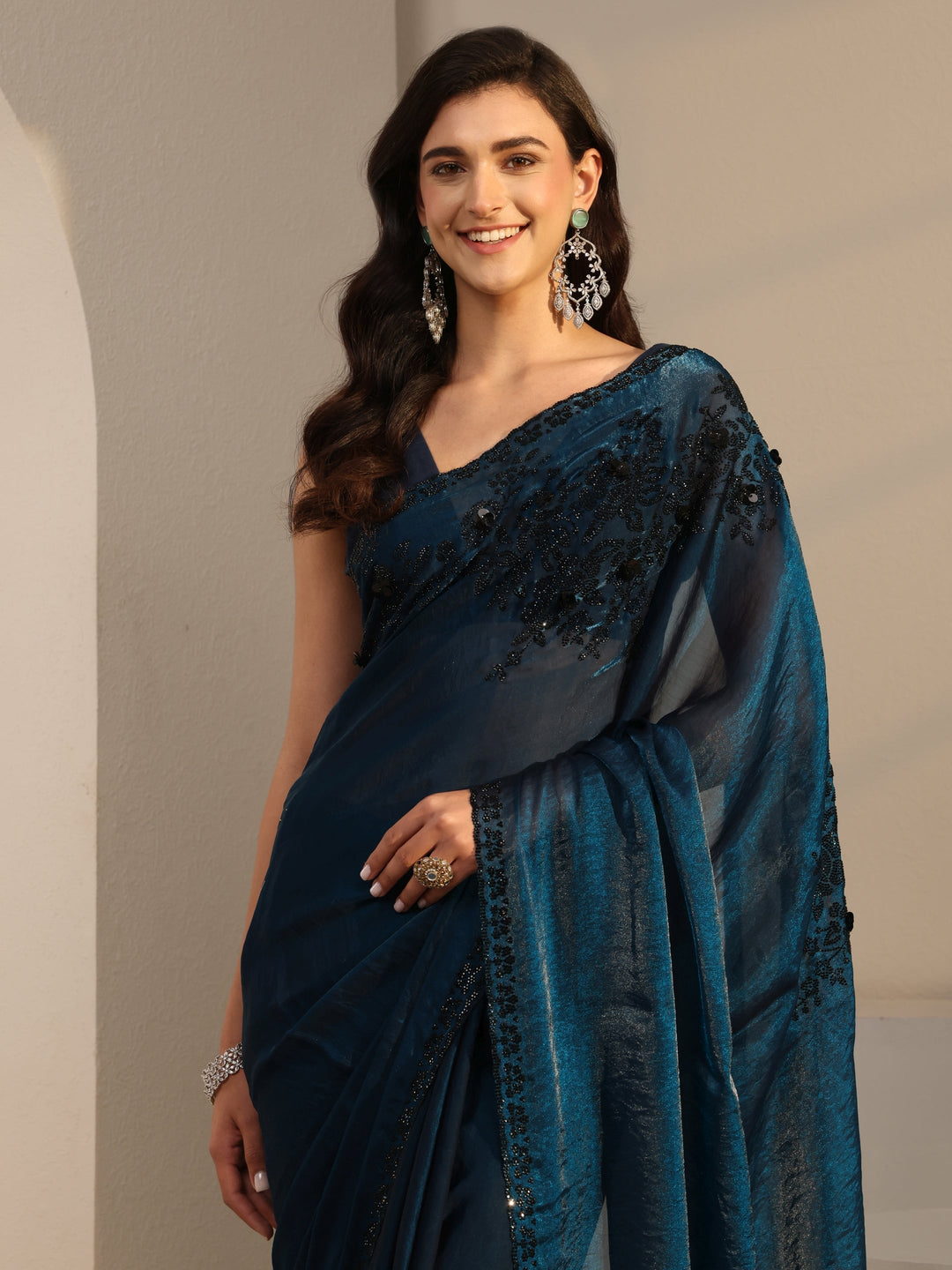  Libas Blue Embellished Tissue Saree With Unstitched Blouse Piece 