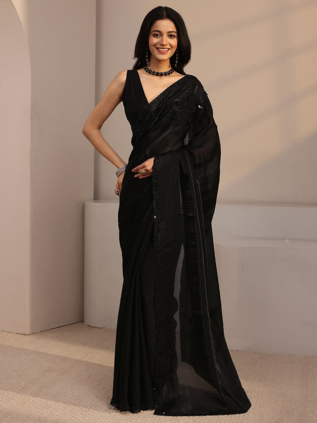  Libas Black Embellished Tissue Saree With Unstiched Blouse Piece 