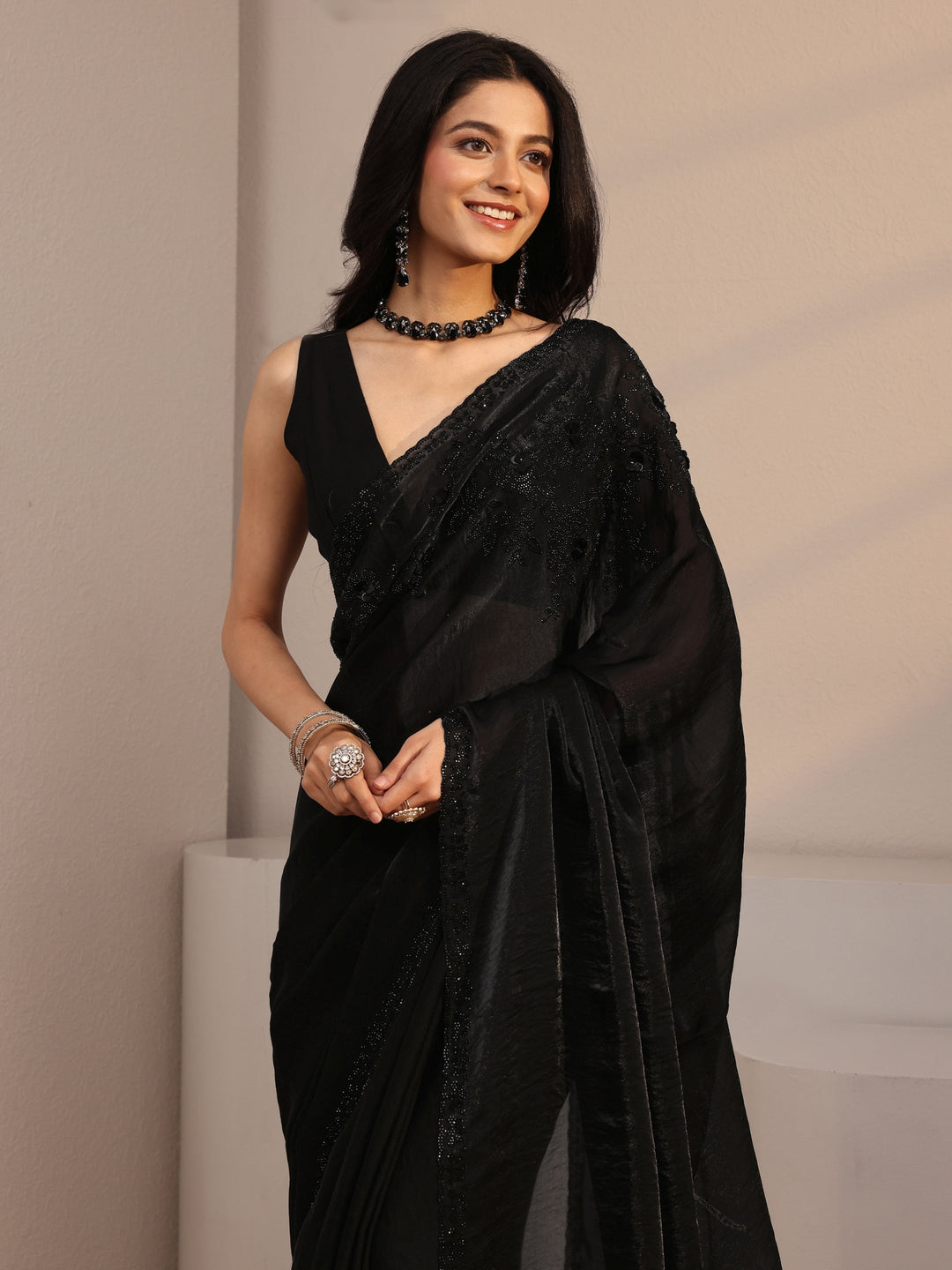  Libas Black Embellished Tissue Saree With Unstiched Blouse Piece 