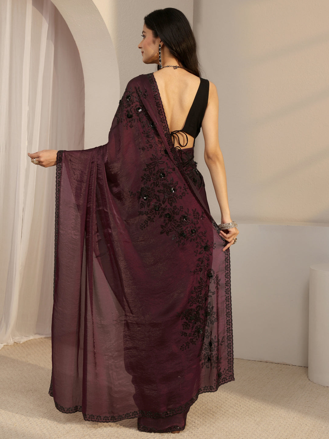 Libas Burgundy Embellished Tissue Saree With Unstiched Blouse Piece 