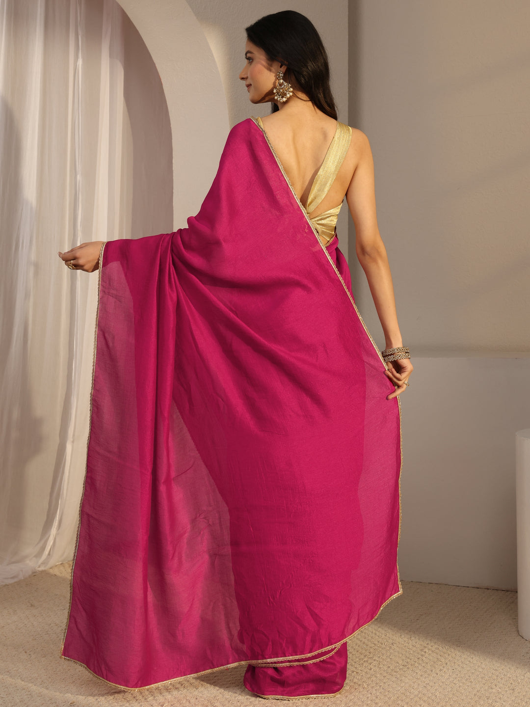  Pink Solid  Silk Blend Saree With Unstiched Blouse Piece 