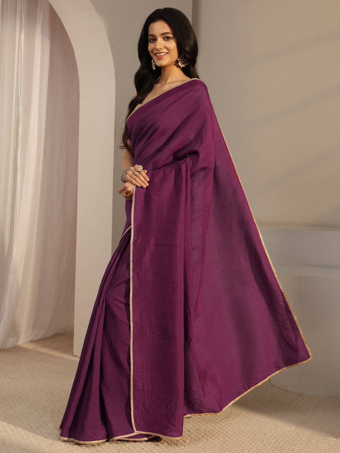  Purple Solid Silk Blend Saree With Unstiched Blouse Piece 