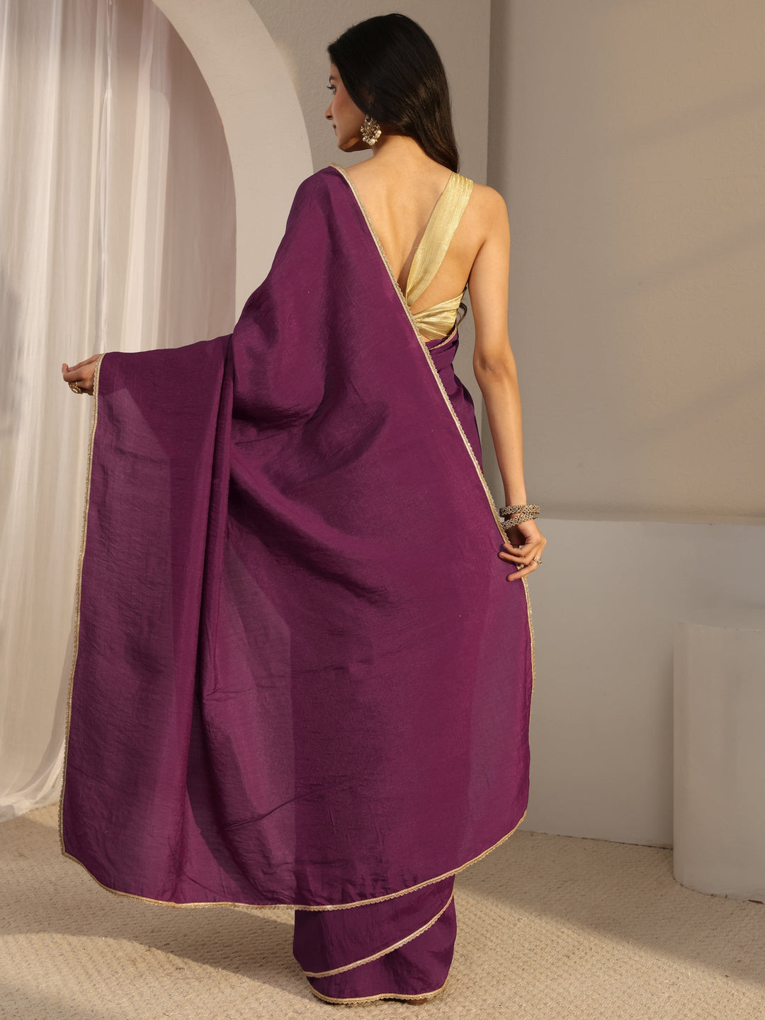  Purple Solid Silk Blend Saree With Unstiched Blouse Piece 