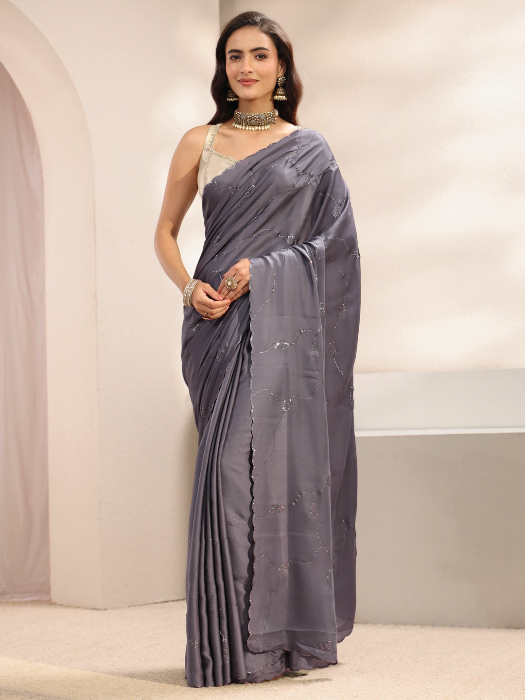  Grey Embellished Satin Saree With Unstitched Blouse Piece 