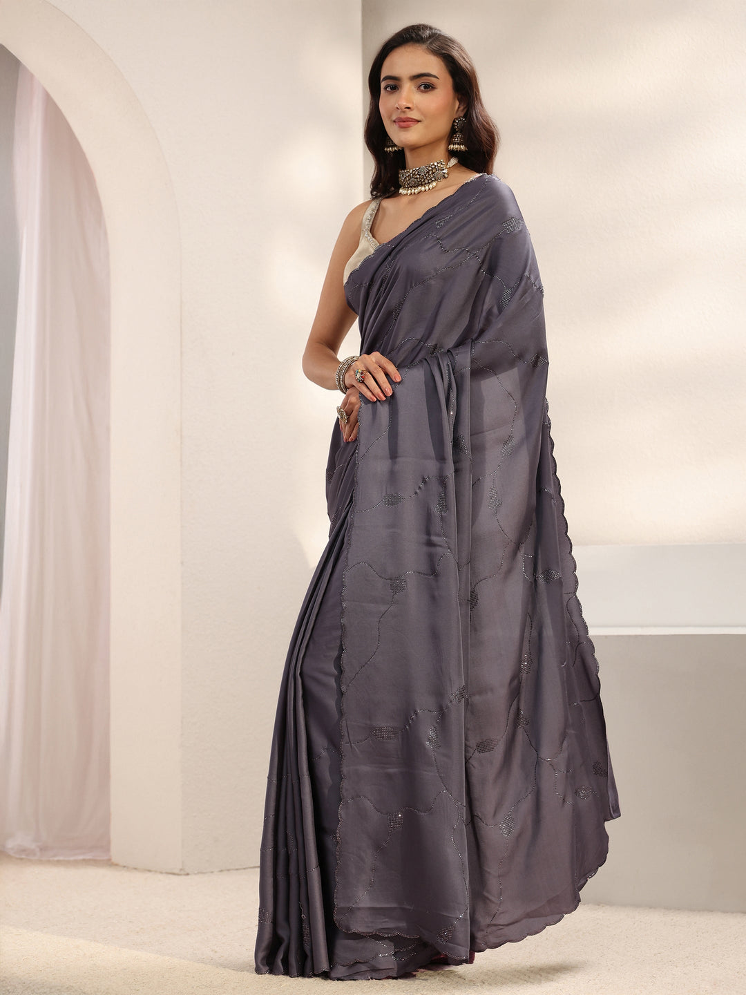  Grey Embellished Satin Saree With Unstitched Blouse Piece 