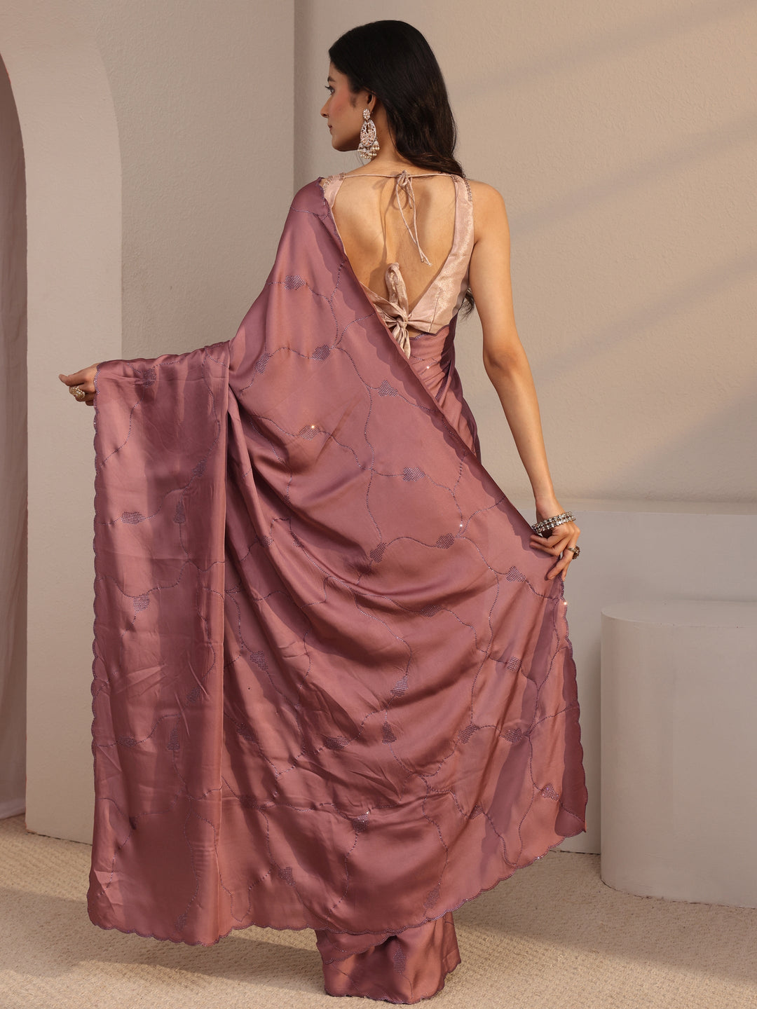  Mauve Embellished Satin Saree With Unstiched Blouse Piece 