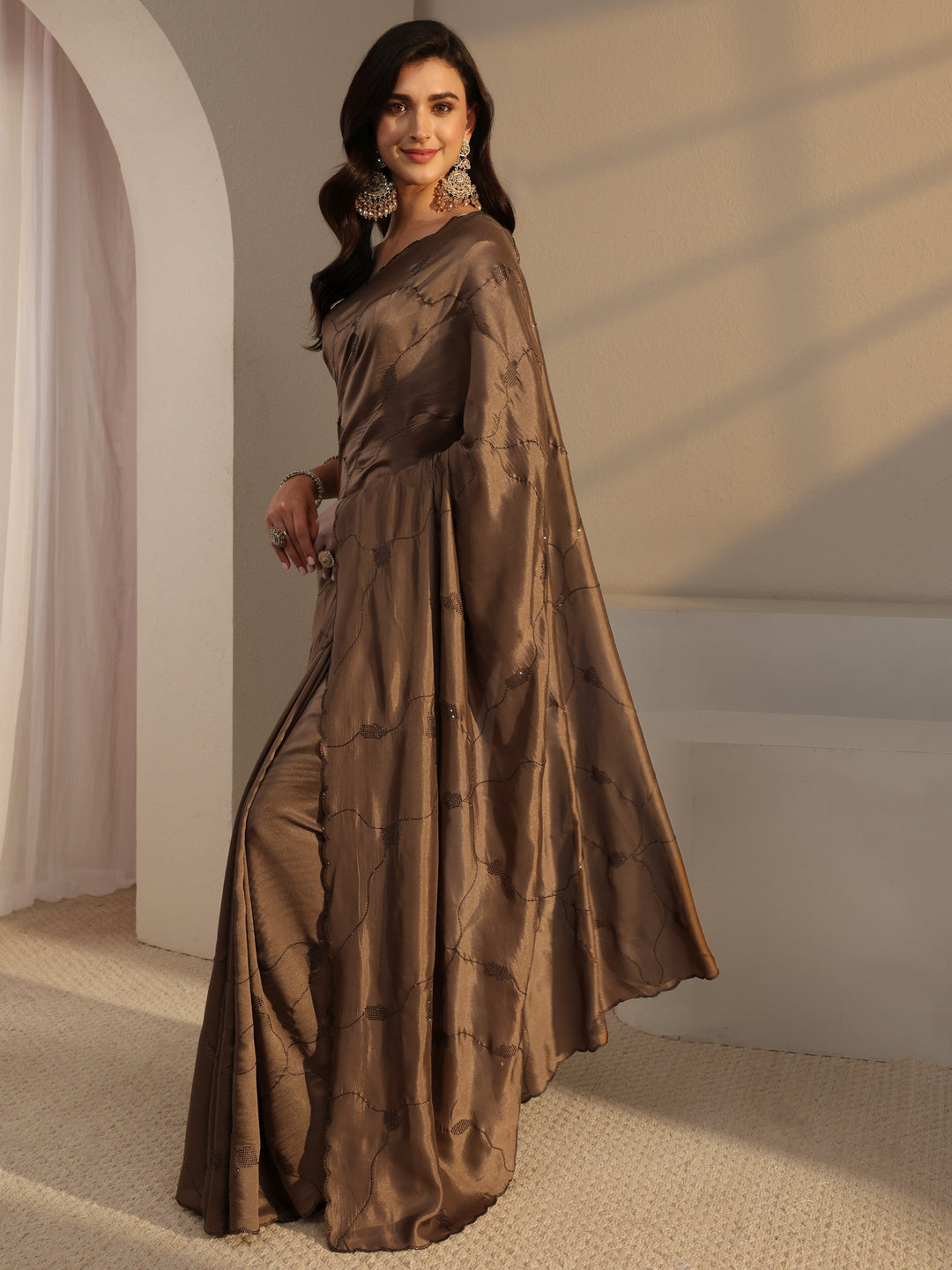  Brown Embellished Satin Saree With Unstitched Blouse Piece 