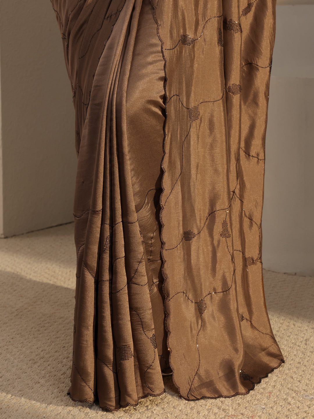  Brown Embellished Satin Saree With Unstitched Blouse Piece 