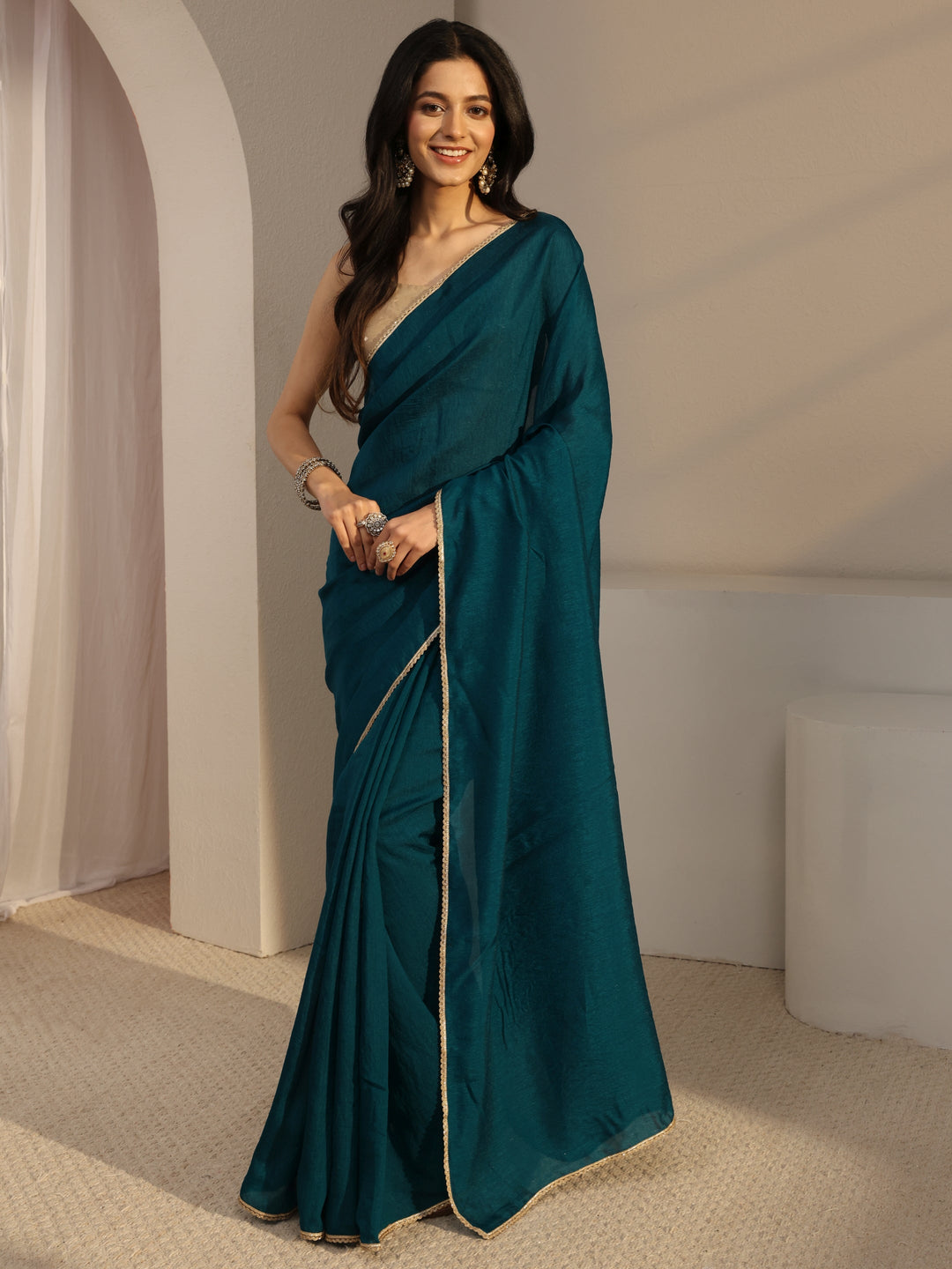  Blue Solid Silk Blend Saree With Unstiched Blouse Piece 