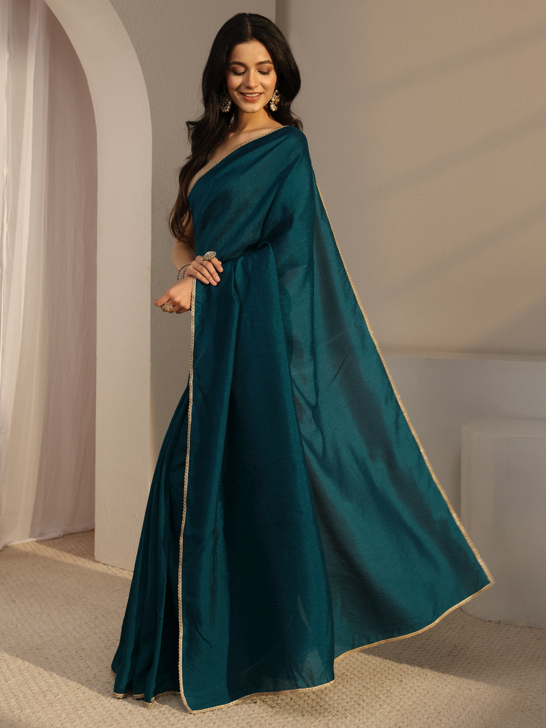  Blue Solid Silk Blend Saree With Unstiched Blouse Piece 
