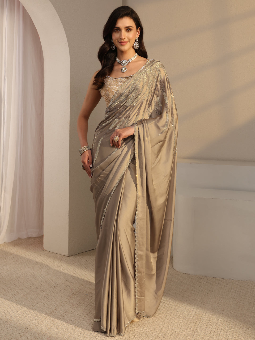  Taupe Solid Satin Saree With Unstitched Blouse Piece 
