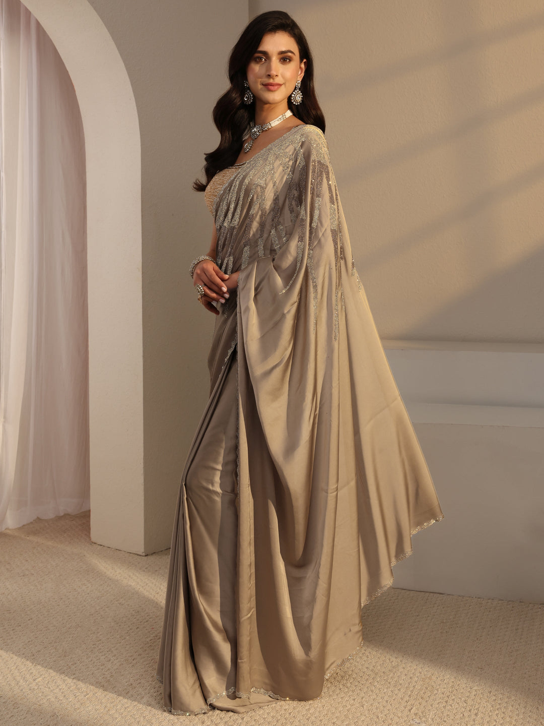  Taupe Solid Satin Saree With Unstitched Blouse Piece 