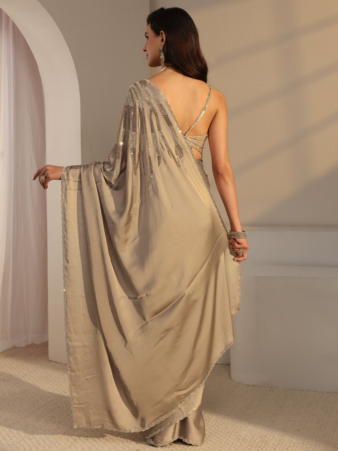  Libas Taupe Solid Satin Saree With Unstitched Blouse Piece 