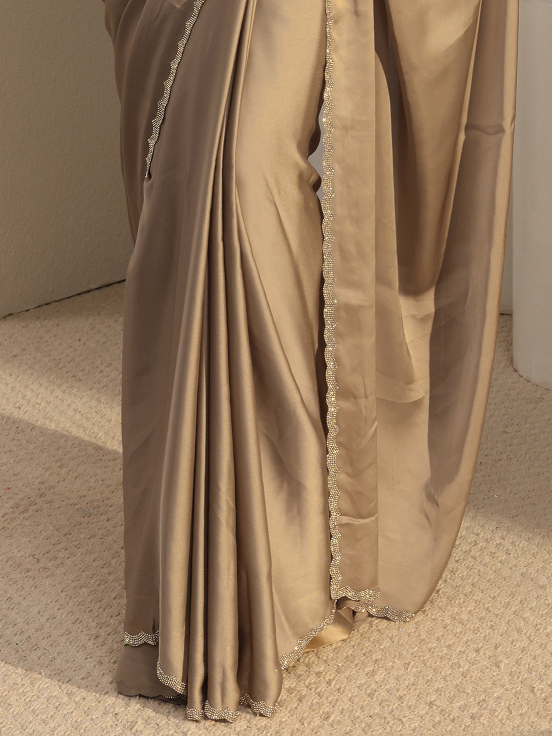  Taupe Solid Satin Saree With Unstitched Blouse Piece 