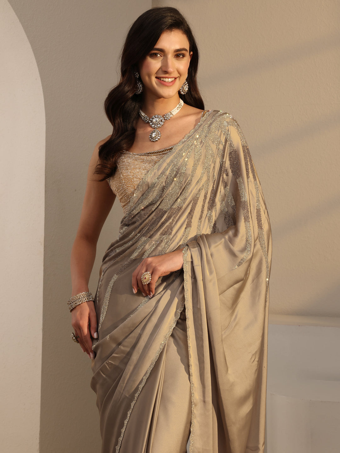  Taupe Solid Satin Saree With Unstitched Blouse Piece 