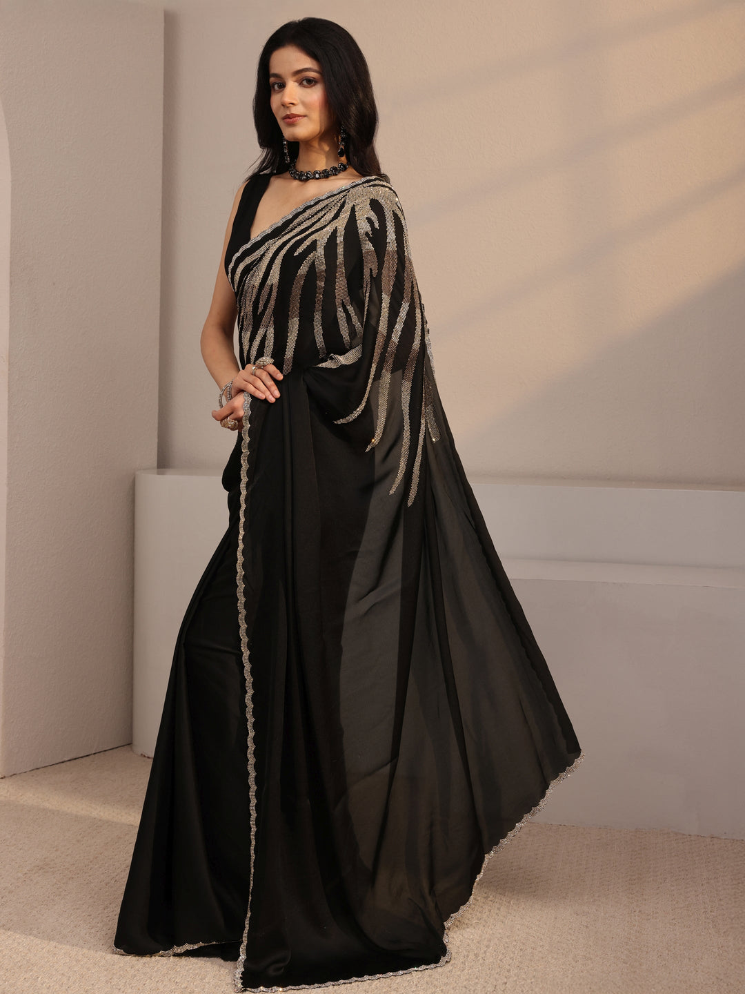  Libas Black Embellished Satin Saree With Unstiched Blouse Piece 