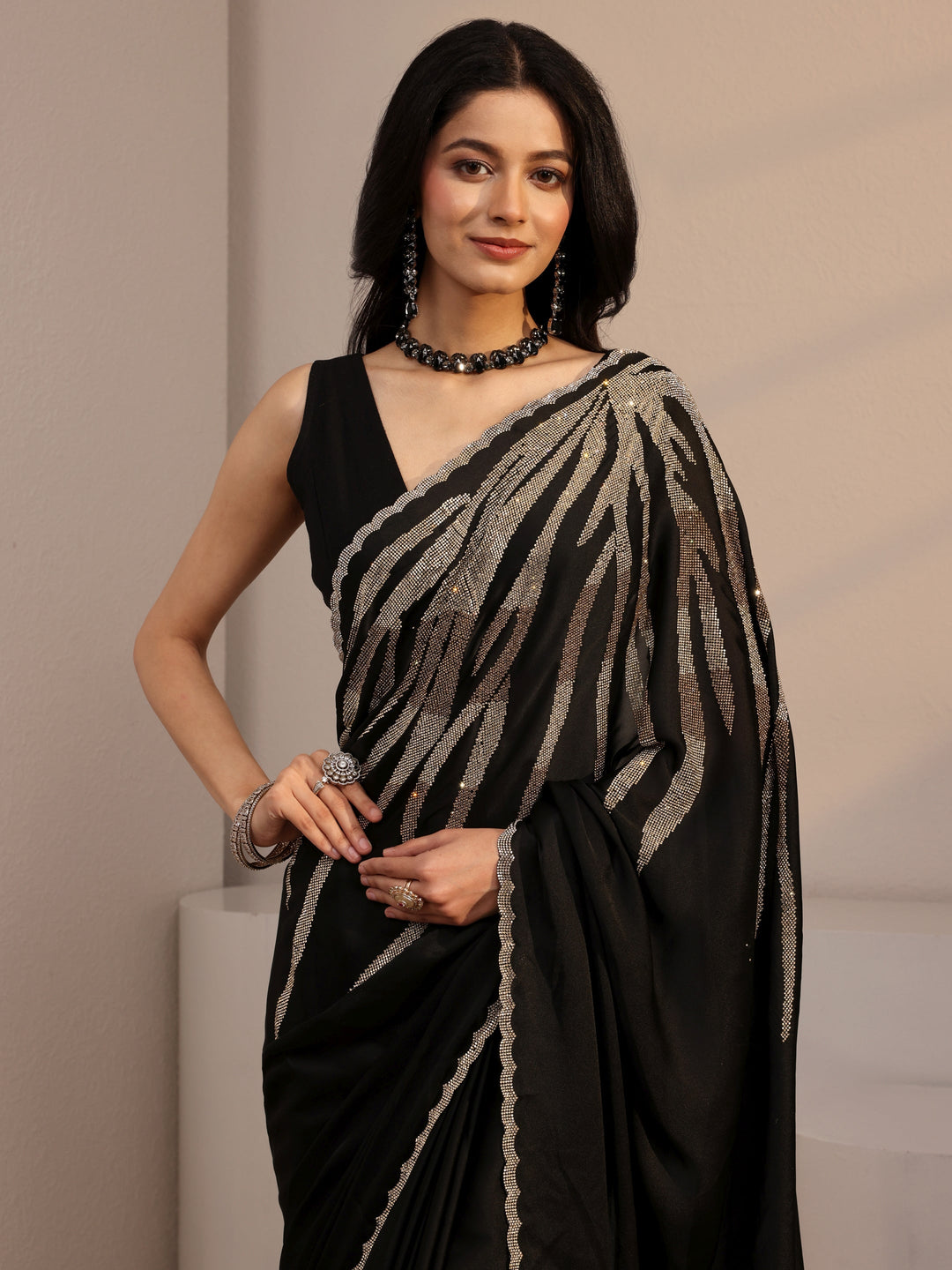  Libas Black Embellished Satin Saree With Unstiched Blouse Piece 
