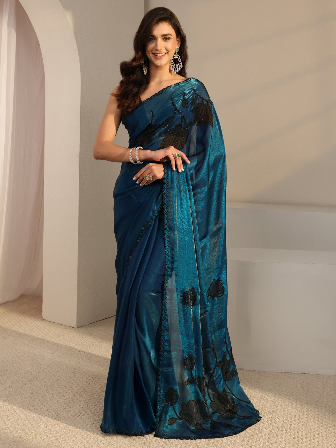  Libas Blue Floral Embellished Tissue Saree With Unstitched Blouse Piece 