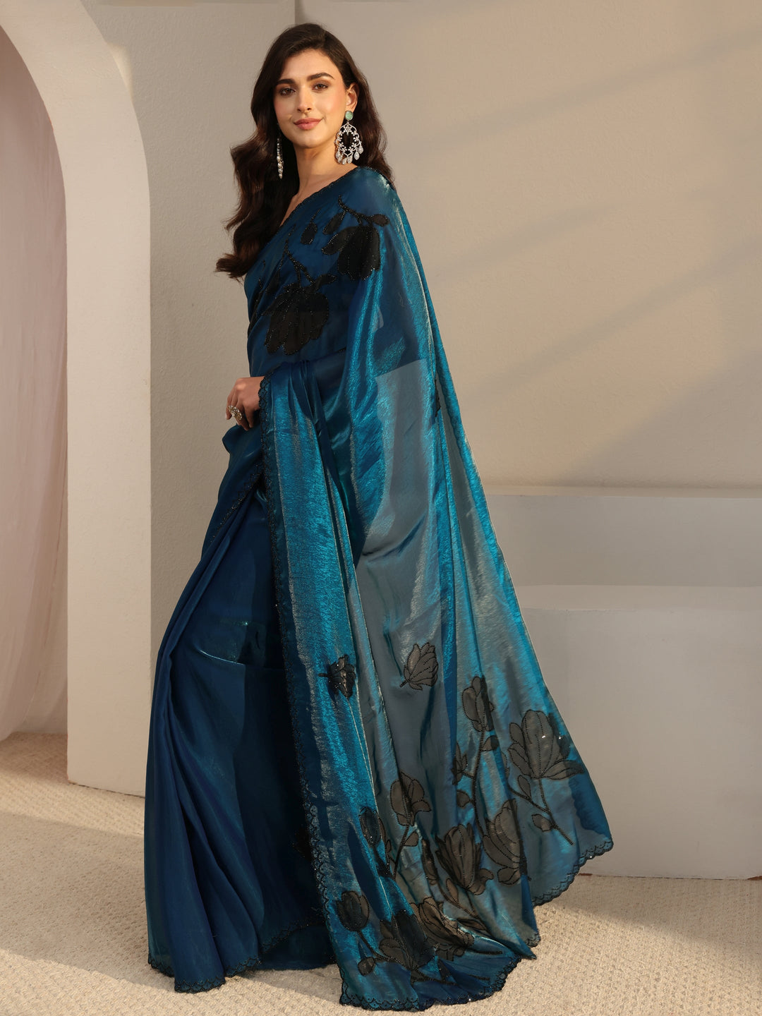  Libas Blue Floral Embellished Tissue Saree With Unstitched Blouse Piece 