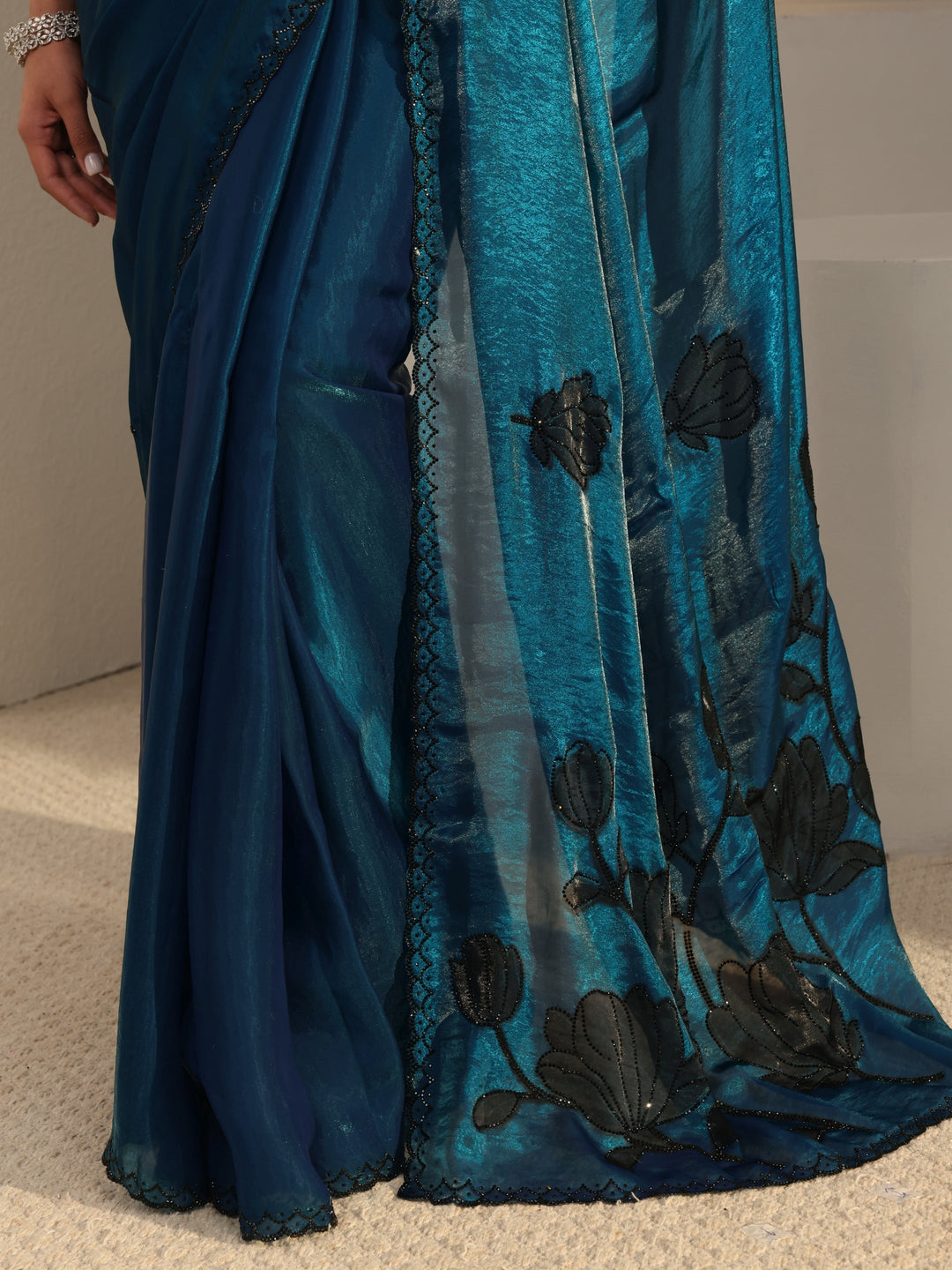  Libas Blue Floral Embellished Tissue Saree With Unstitched Blouse Piece 