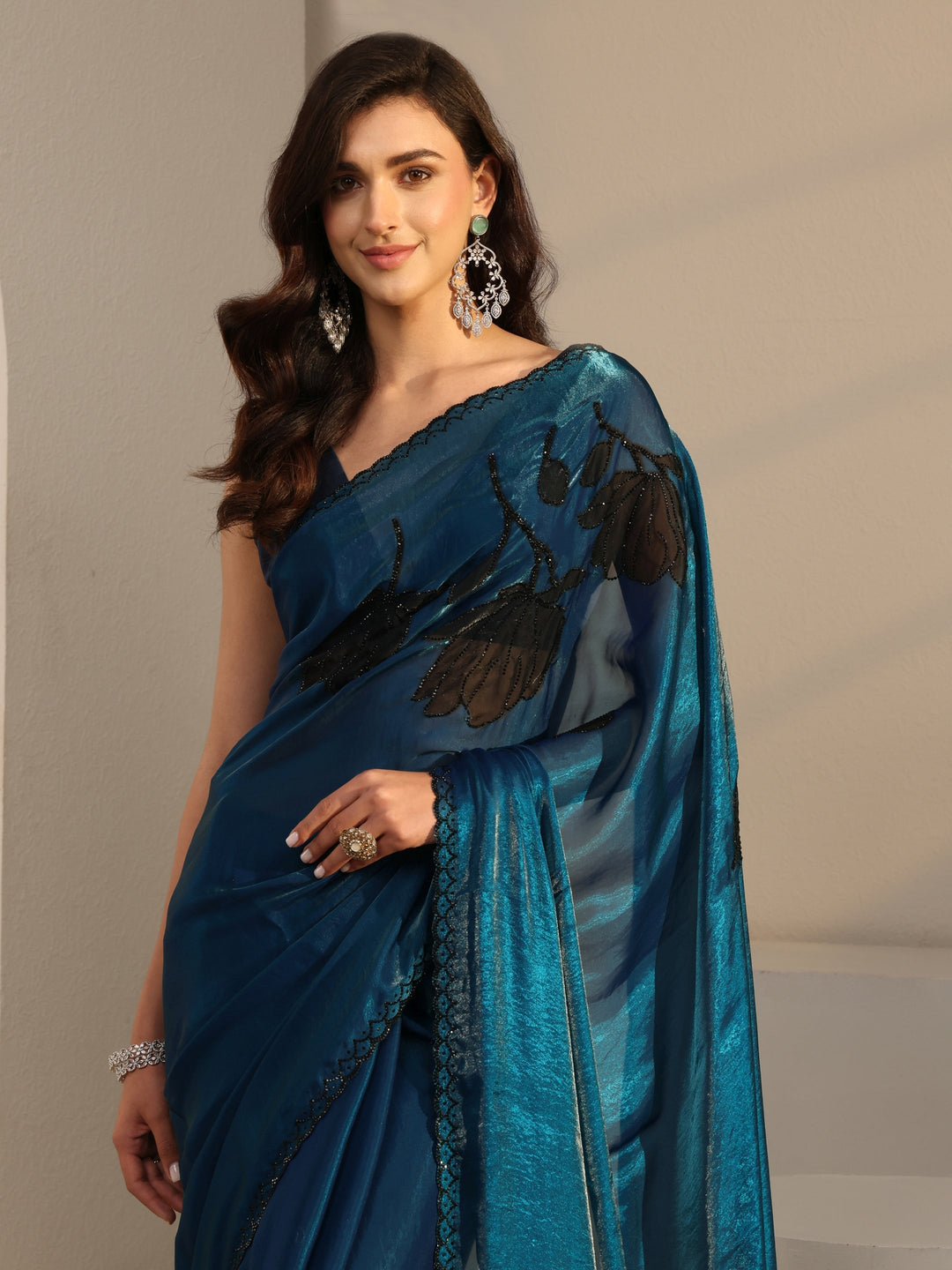  Libas Blue Floral Embellished Tissue Saree With Unstitched Blouse Piece 