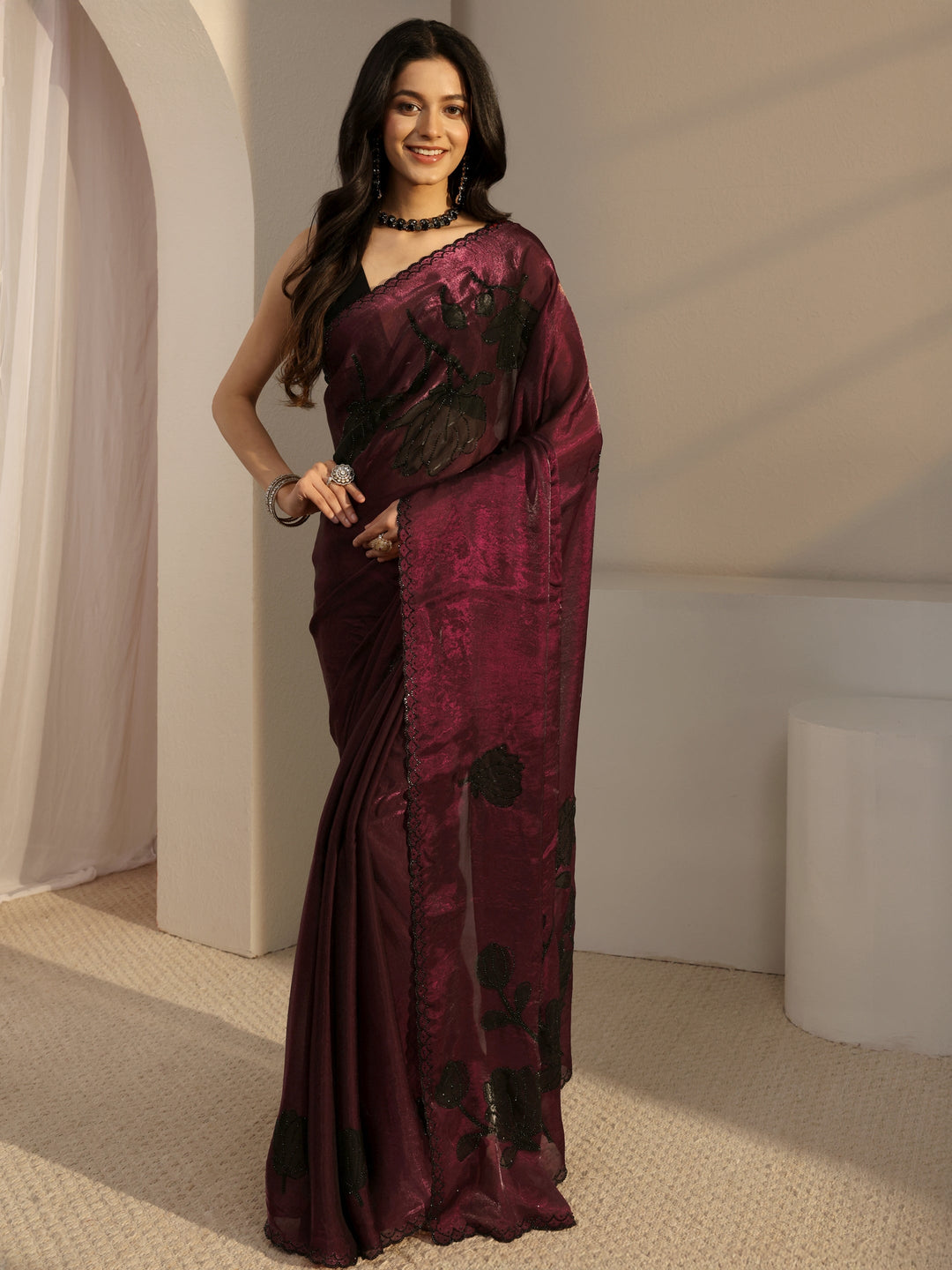 Libas Burgundy Embellished Tissue Saree With Unstiched Blouse Piece 