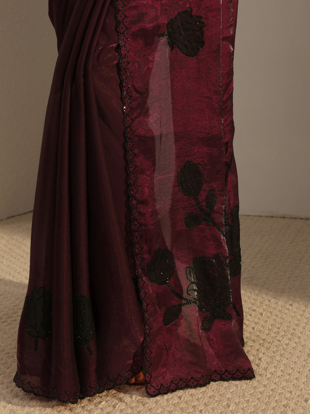  Libas Burgundy Embellished Tissue Saree With Unstiched Blouse Piece 