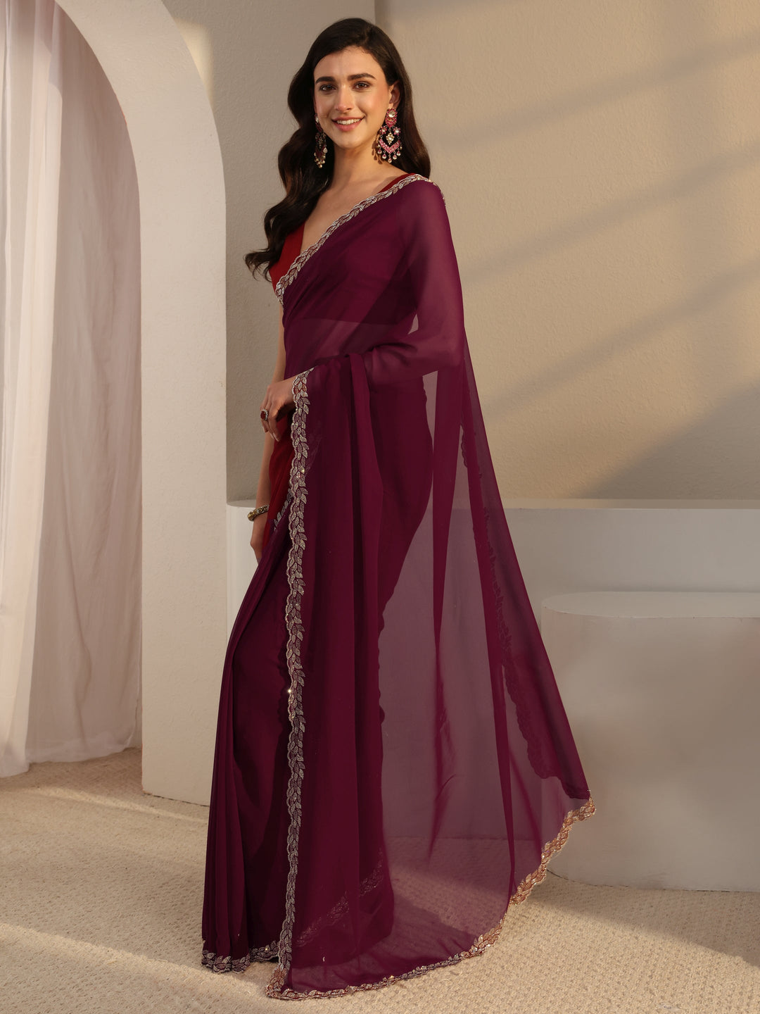  Libas Burgundy Embellished Border Georgette Saree With Unstitched Blouse Piece 