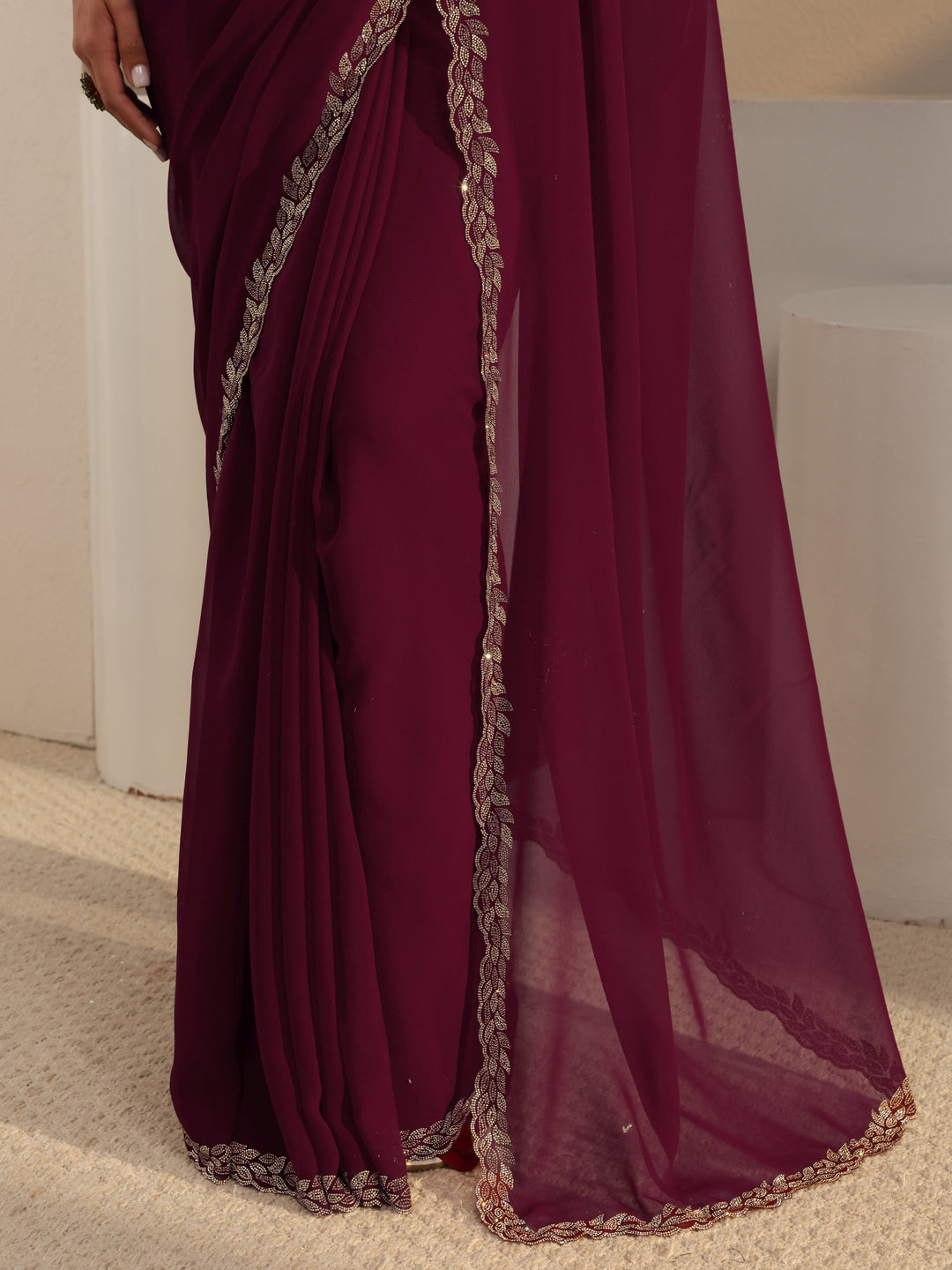  Libas Burgundy Embellished Border Georgette Saree With Unstitched Blouse Piece 
