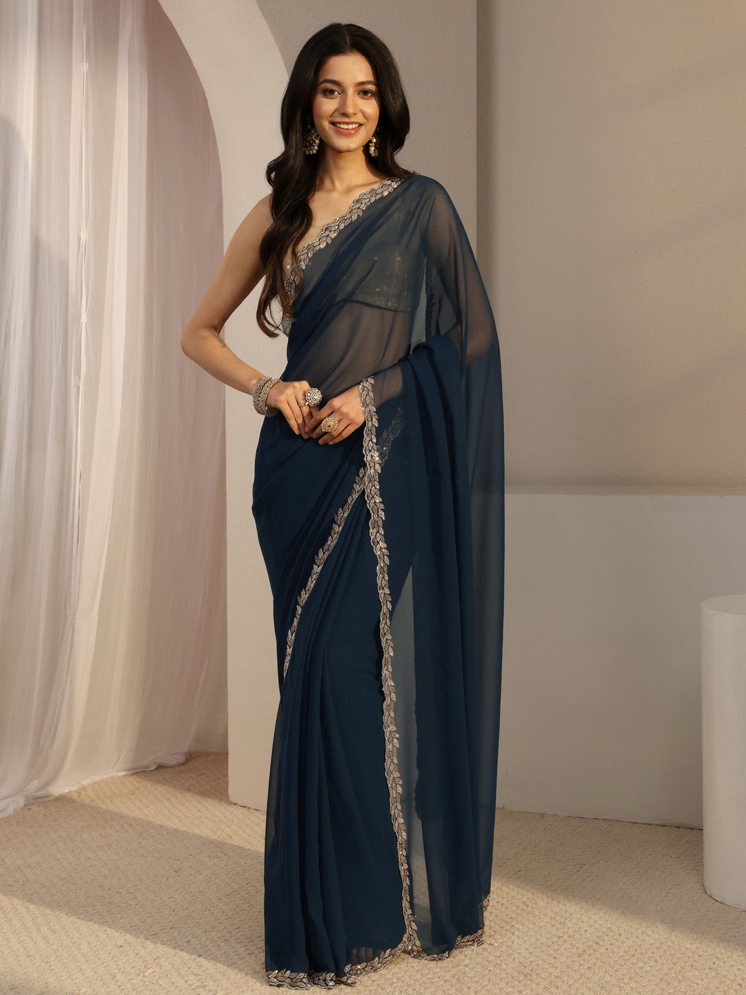  Libas Blue Embellished Georgette Saree With Unstiched Blouse Piece 