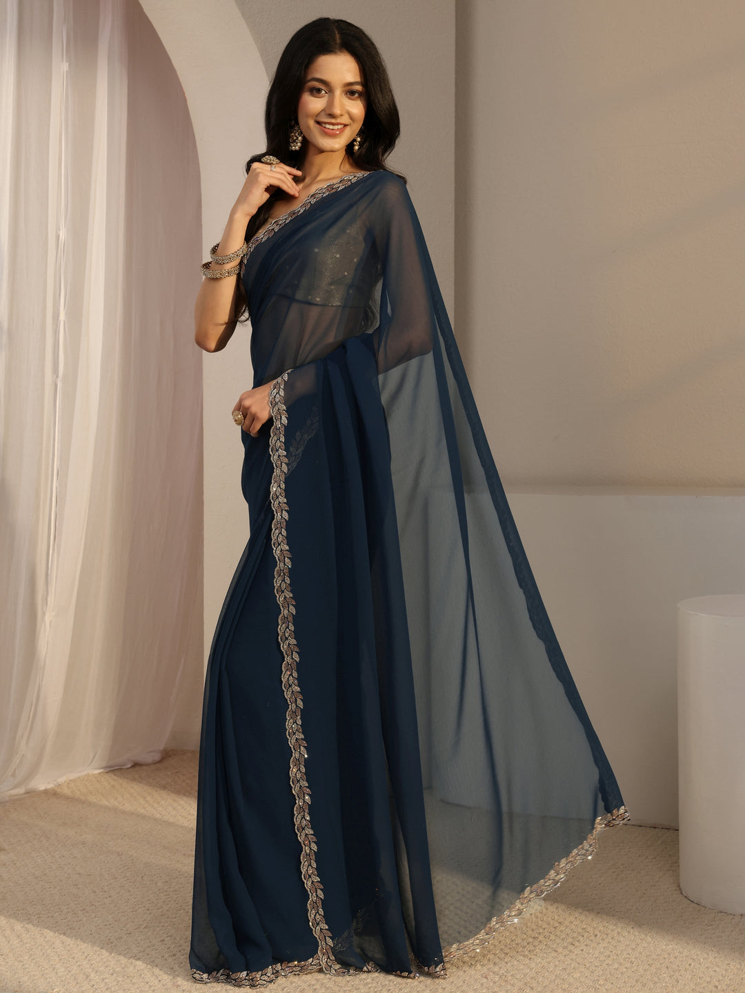  Libas Blue Embellished Georgette Saree With Unstiched Blouse Piece 