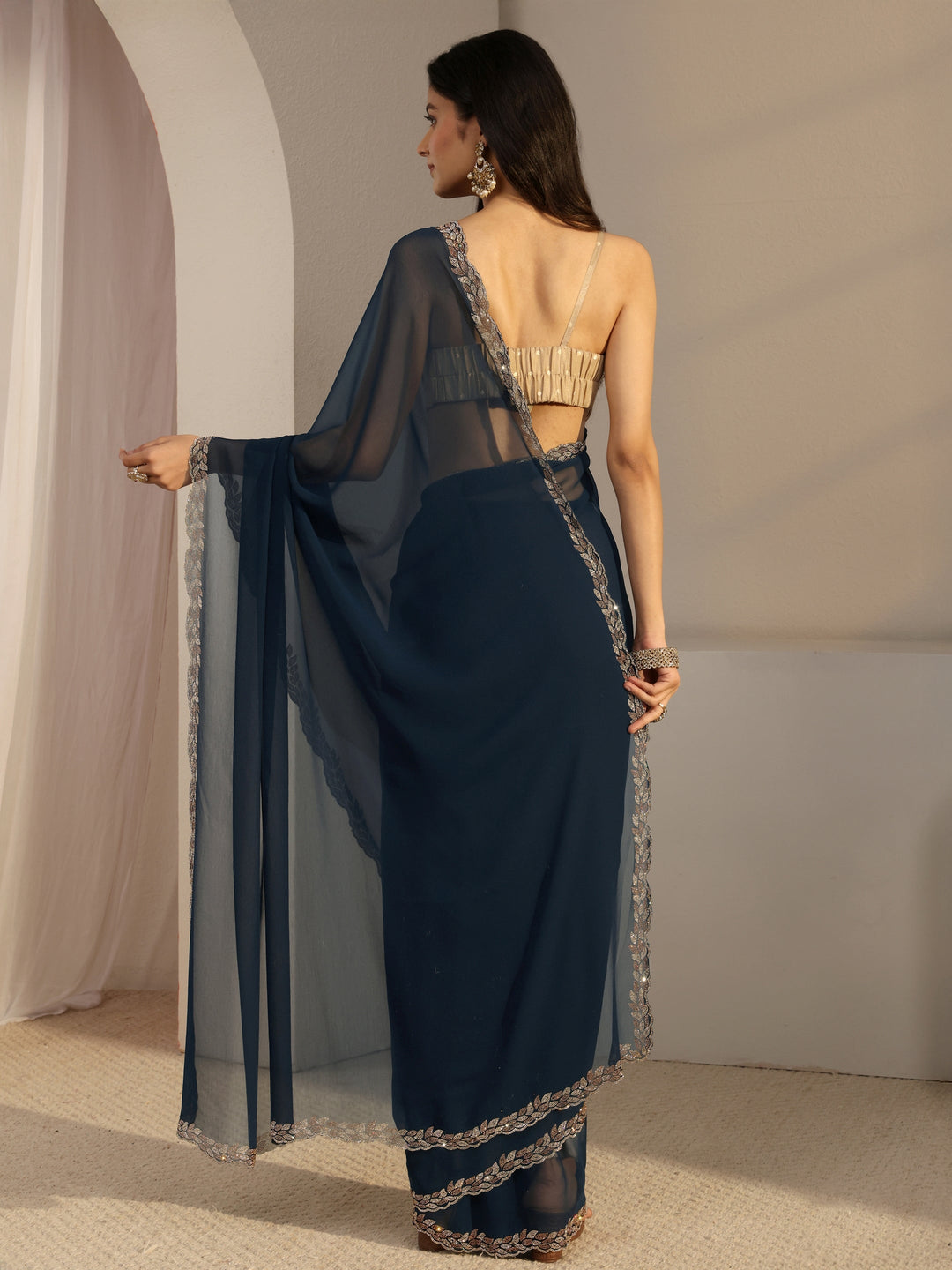  Libas Blue Embellished Georgette Saree With Unstiched Blouse Piece 
