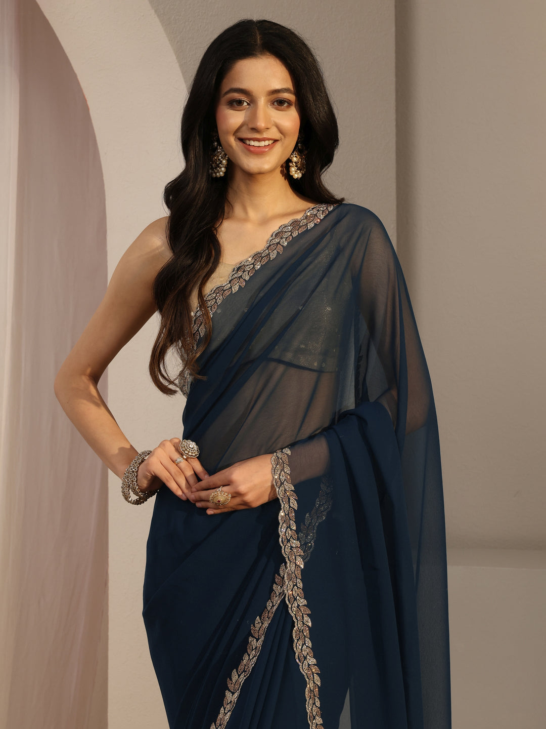  Libas Blue Embellished Georgette Saree With Unstiched Blouse Piece 