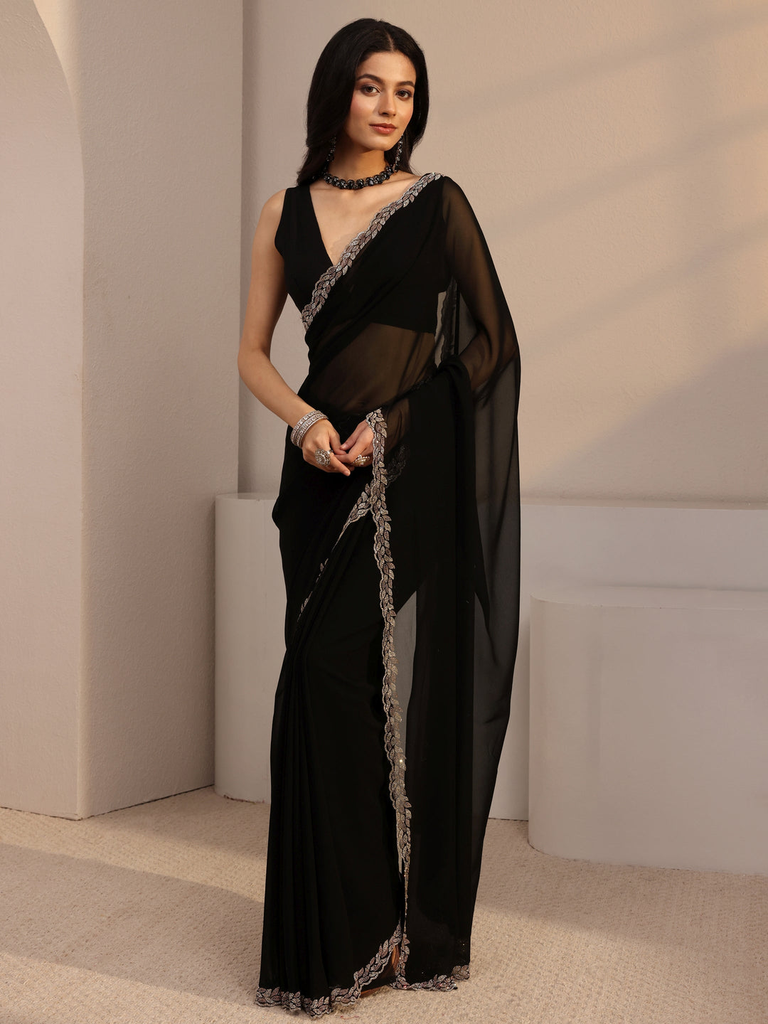  Libas Black Embellished Georgette Saree With Unstiched Blouse Piece 