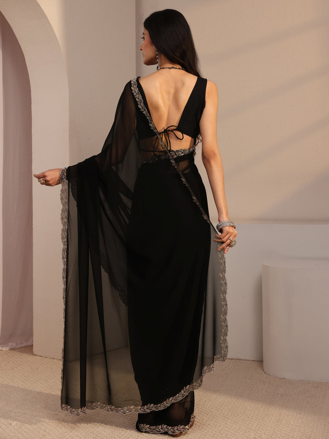  Libas Black Embellished Georgette Saree With Unstiched Blouse Piece 