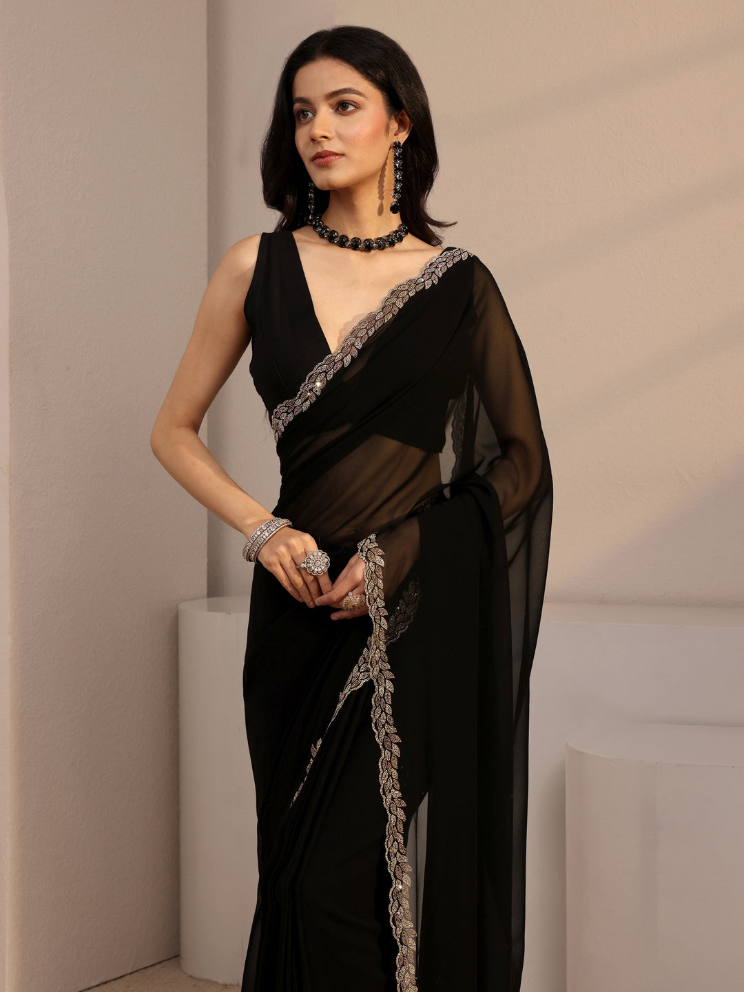  Libas Black Embellished Georgette Saree With Unstiched Blouse Piece 