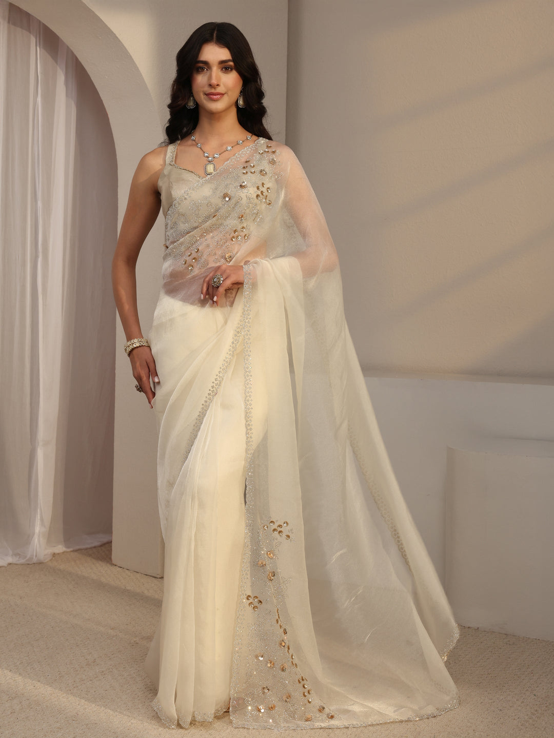  Libas White Embellished Organza Saree With Unstitched Blouse Piece 