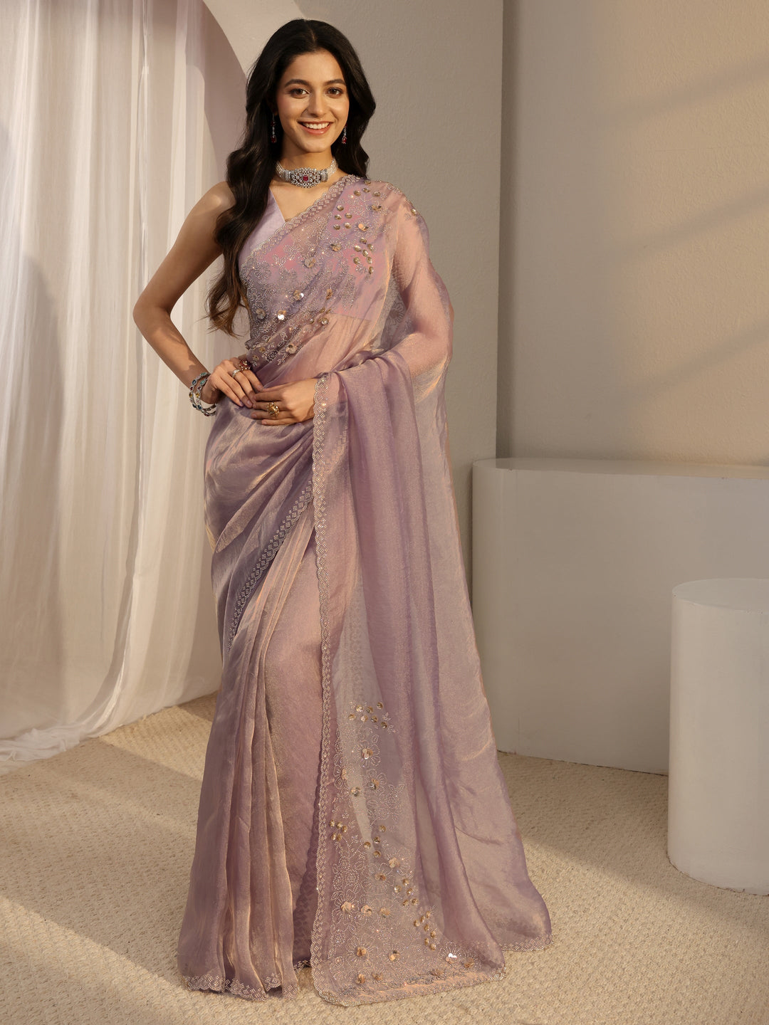  Lavender Embellished Organza Saree With Unstiched Blouse Piece 