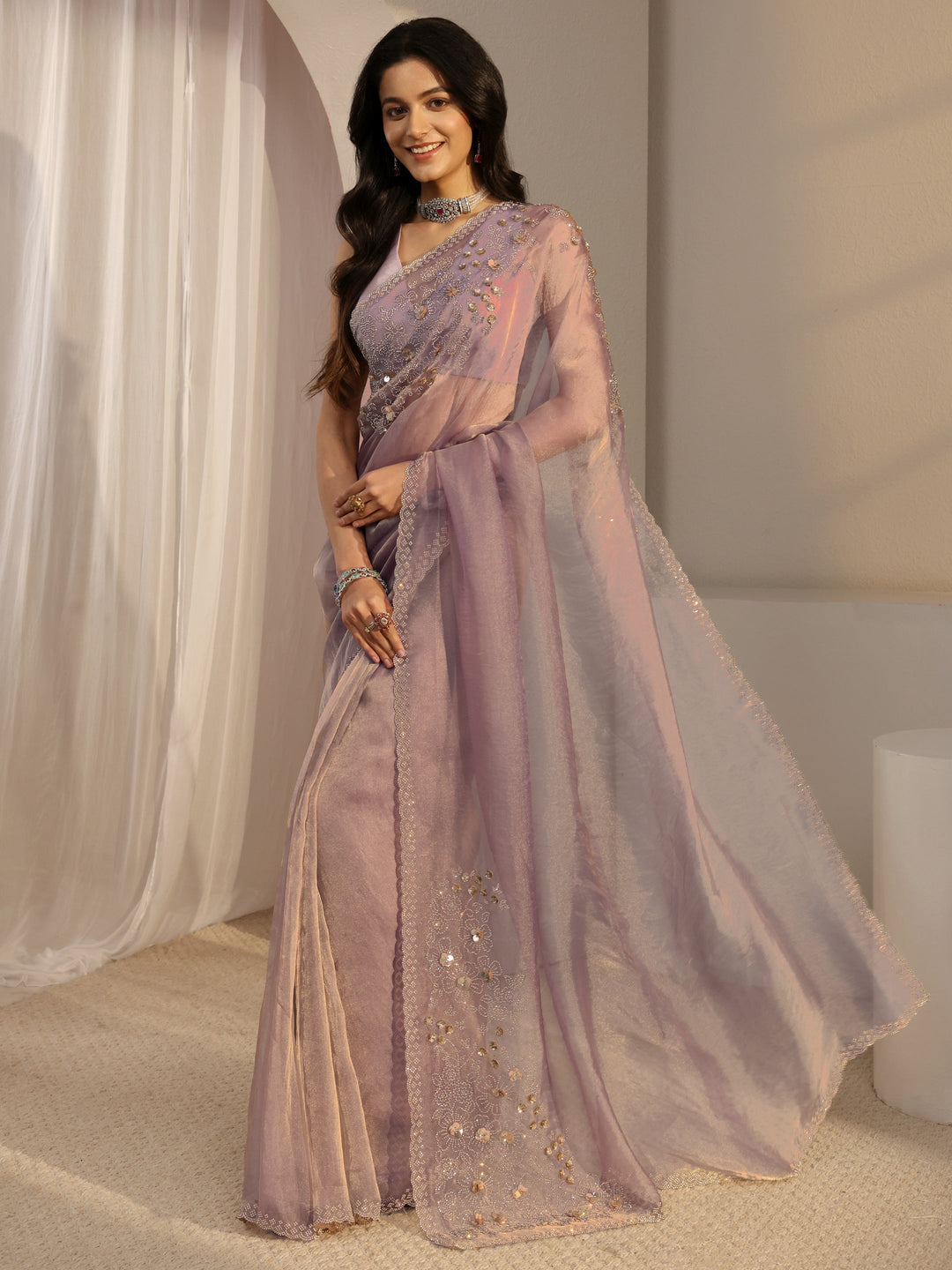  Lavender Embellished Organza Saree With Unstiched Blouse Piece 