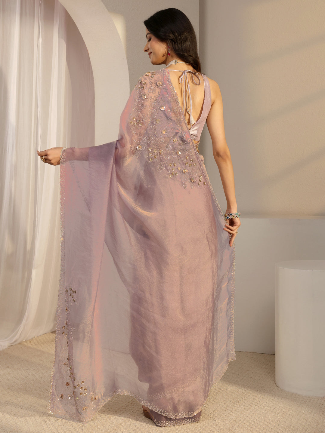 Lavender Embellished Organza Saree With Unstiched Blouse Piece 
