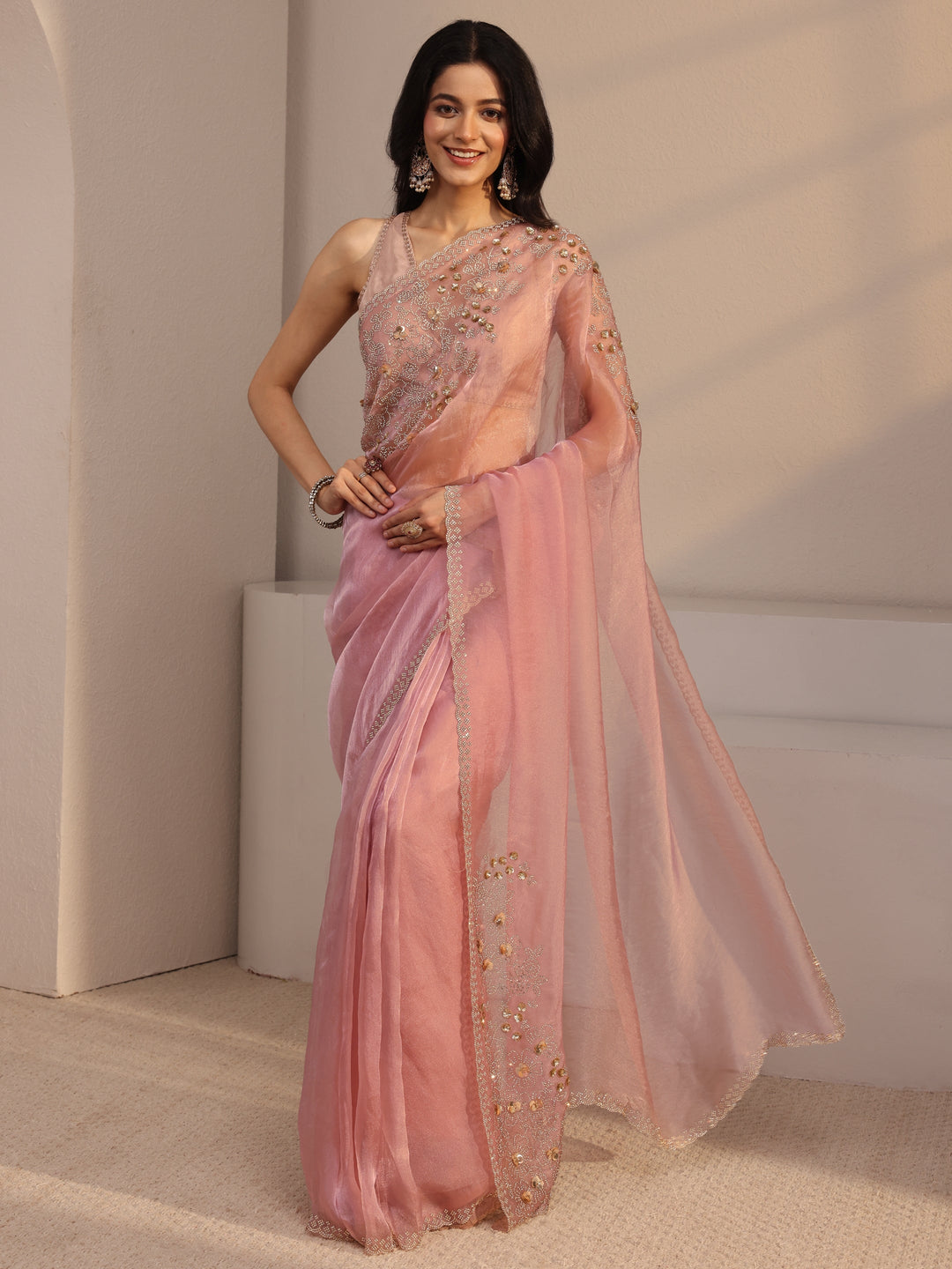  Libas Pink Embellished Organza Saree With Unstiched Blouse Piece 