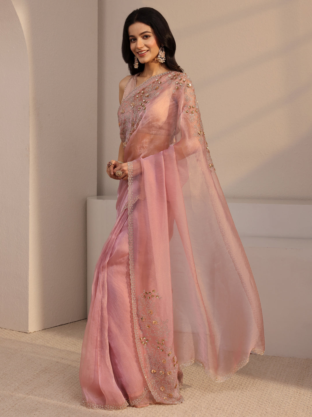  Libas Pink Embellished Organza Saree With Unstiched Blouse Piece 