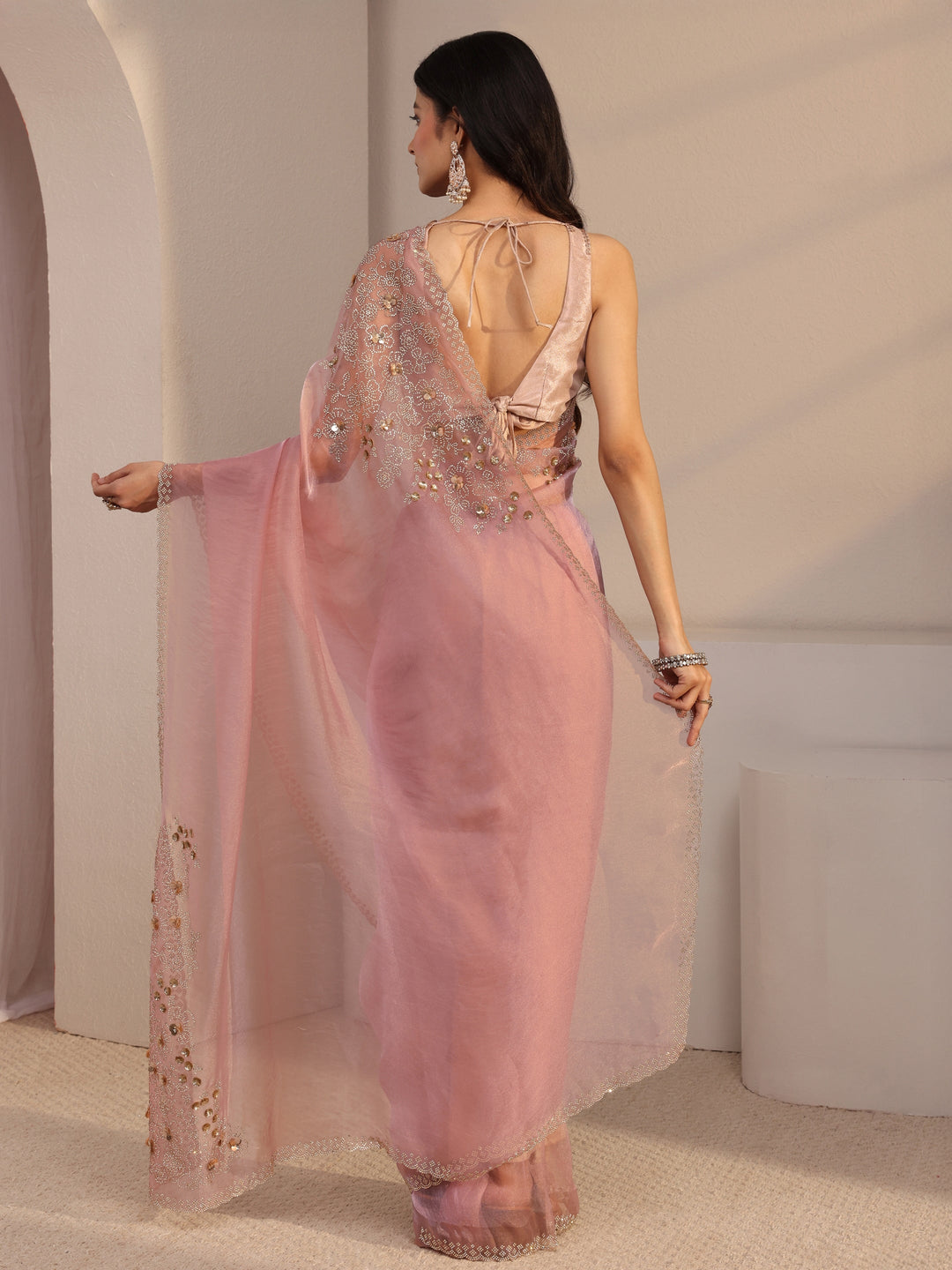  Libas Pink Embellished Organza Saree With Unstiched Blouse Piece 