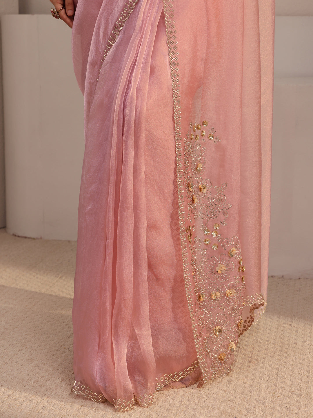  Libas Pink Embellished Organza Saree With Unstiched Blouse Piece 