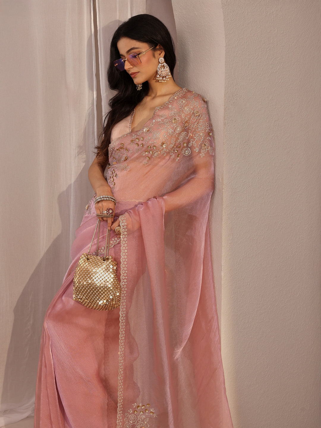  Libas Pink Embellished Organza Saree With Unstiched Blouse Piece 