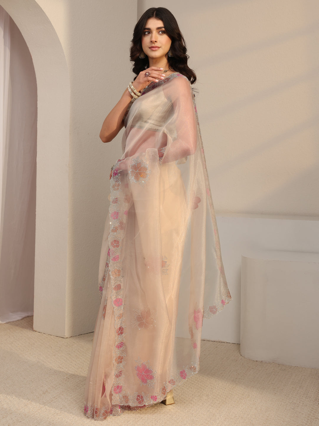  Libas Taupe Floral Embellished Organza Saree With Unstitched Blouse Piece 